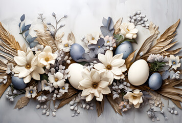 Obraz na płótnie Canvas Happy Easter! Colorful Easter chocolate eggs with flower blossoms flat lay on gray background. Stylish tender spring template with space for text. Greeting card or banner. Decorated Egg