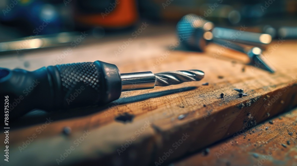 Poster close up view of various tools on a wooden table. suitable for diy and woodworking projects