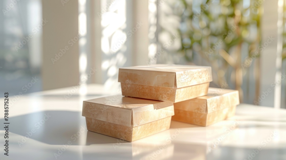 Poster A stack of three boxes on a table, suitable for various concepts and designs