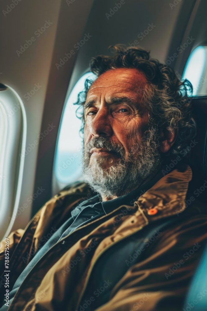 Poster a man seated in an airplane looking out the window. suitable for travel and aviation concepts