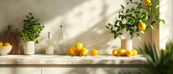 Fototapeta na wymiar Minimal kitchen interior mockup with lemons and fruits composition. Still life. Generative ai