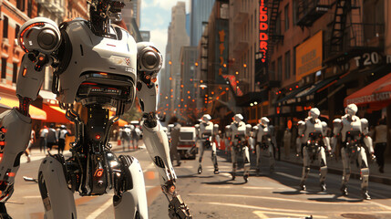 CG 3D rendering with photorealistic detail, presenting a scene of robots dominating the streets at...