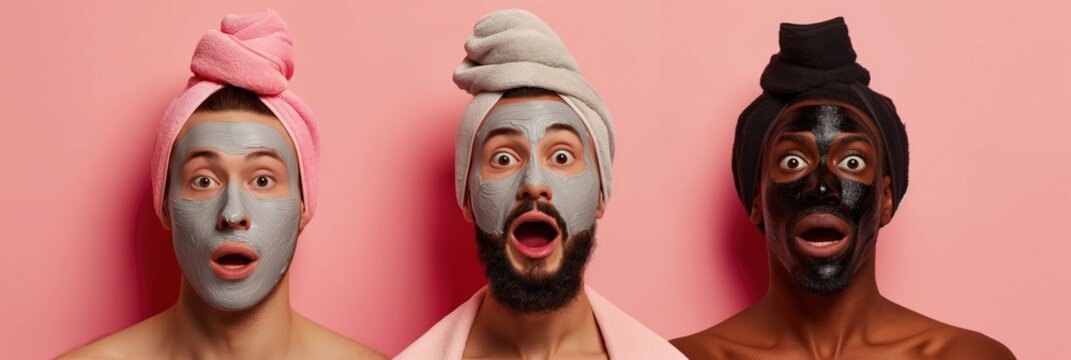 Three surprised diverse men with face masks - spa day fun
