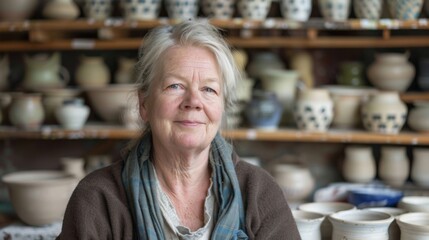 Senior Female Potter in Ceramics Studio with Handcrafted Pottery
