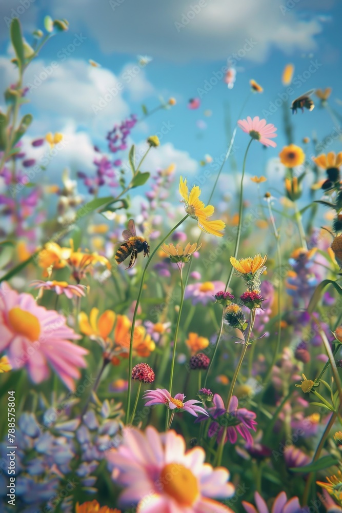 Poster a beautiful field of flowers with a bee flying by. suitable for nature and gardening concepts