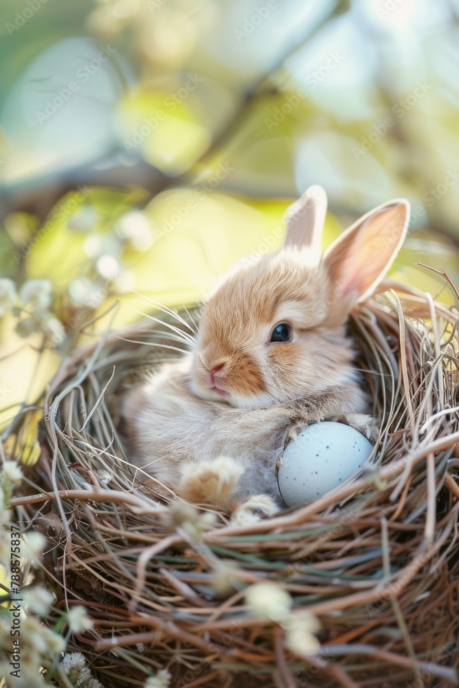 Poster a small rabbit sitting in a nest with eggs. perfect for easter-themed designs