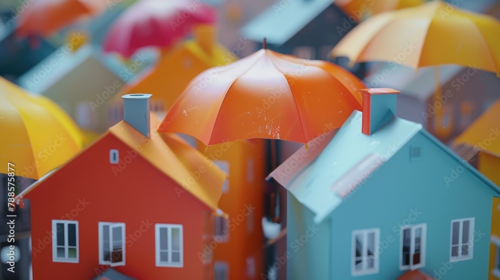 Poster a group of houses with umbrellas floating in the air. suitable for real estate or weather concepts