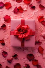 A pink gift box with a red bow surrounded by rose petals. Perfect for Valentine's Day or special occasions