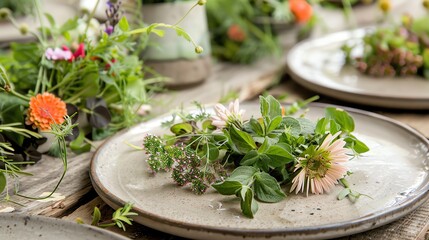 a rustic farm-to-table dining setup, plates adorned with fresh herbs and floral garnishes that complement the organic meal presentation