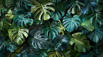 A dense arrangement of lush, green tropical monstera leaves creating an abundant and textured natural pattern. - obrazy, fototapety, plakaty