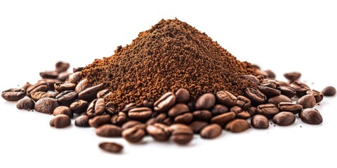 Two piles of coffee beans on a rustic wooden table. Perfect for coffee shop advertisements