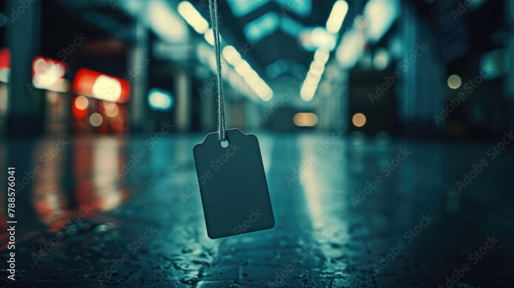 Aufkleber A tag hanging from a string in a building. Suitable for business or office concepts