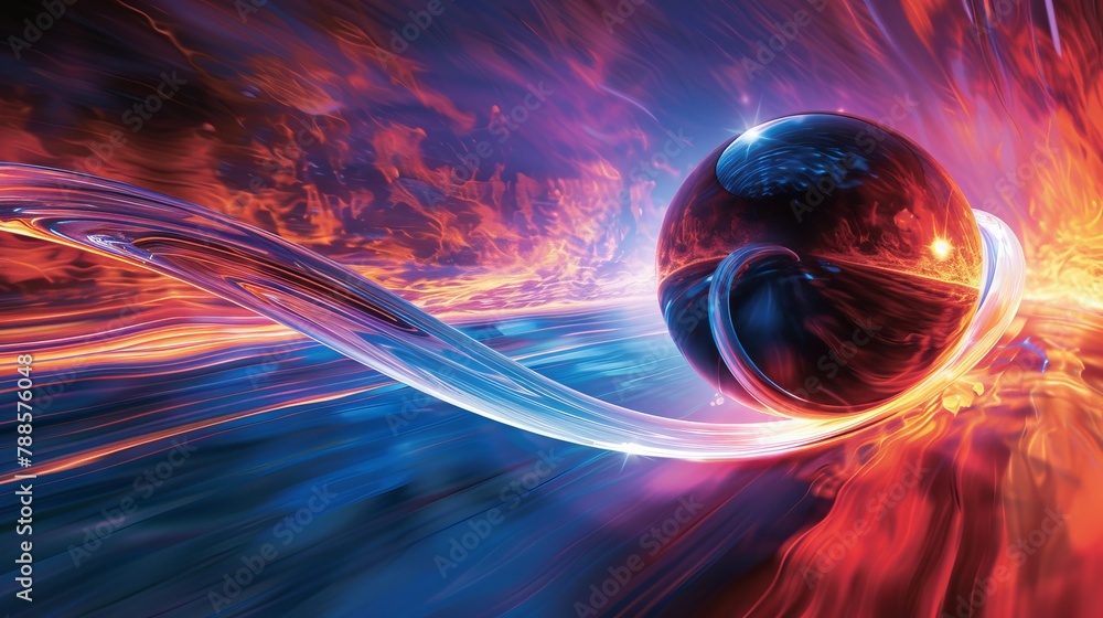 Poster glossy sphere with a comet-like tail surrounded by dynamic swirls and waves in a vibrant color palet