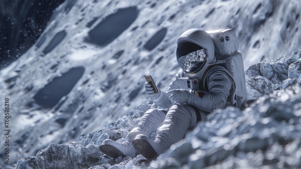 Poster an astronaut sitting on a rock holding a cell phone. suitable for technology and space exploration c