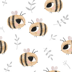 Cute bee on a white background. Seamless kids pattern.