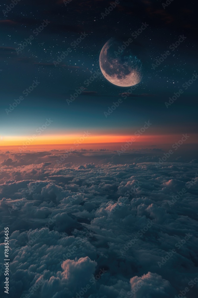 Poster a serene view of the moon and clouds from above. perfect for travel and nature themes
