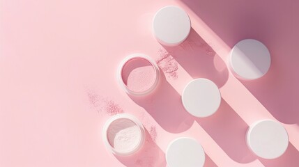 Assorted skincare products with a minimalist aesthetic on a pink background casting soft shadows, suggesting purity and simplicity in beauty care.