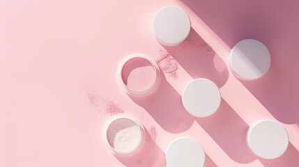 Fototapeta premium Assorted skincare products with a minimalist aesthetic on a pink background casting soft shadows, suggesting purity and simplicity in beauty care.