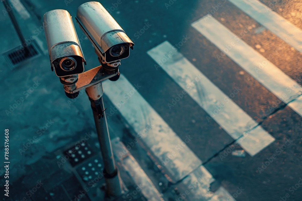 Poster two surveillance cameras on a pole in a city street. suitable for security concepts