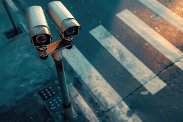 Two surveillance cameras on a pole in a city street. Suitable for security concepts