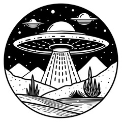 UFO Spaceship Logo Monochrome Design Style illustration vector