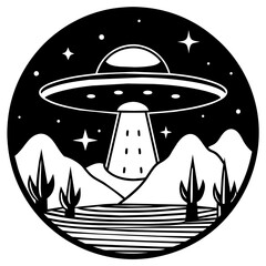 UFO Spaceship Logo Monochrome Design Style illustration vector
