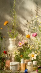 A collection of skincare products amidst vibrant wildflowers against a textured background, conveying natural beauty and self-care aesthetics.