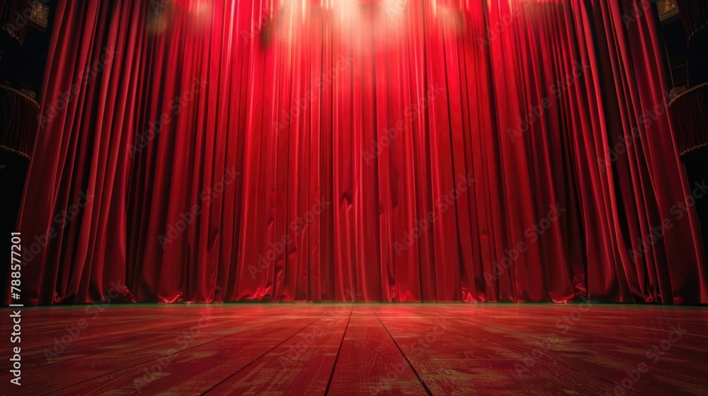 Poster a stage with a red curtain and spotlights. suitable for theater or performance concepts