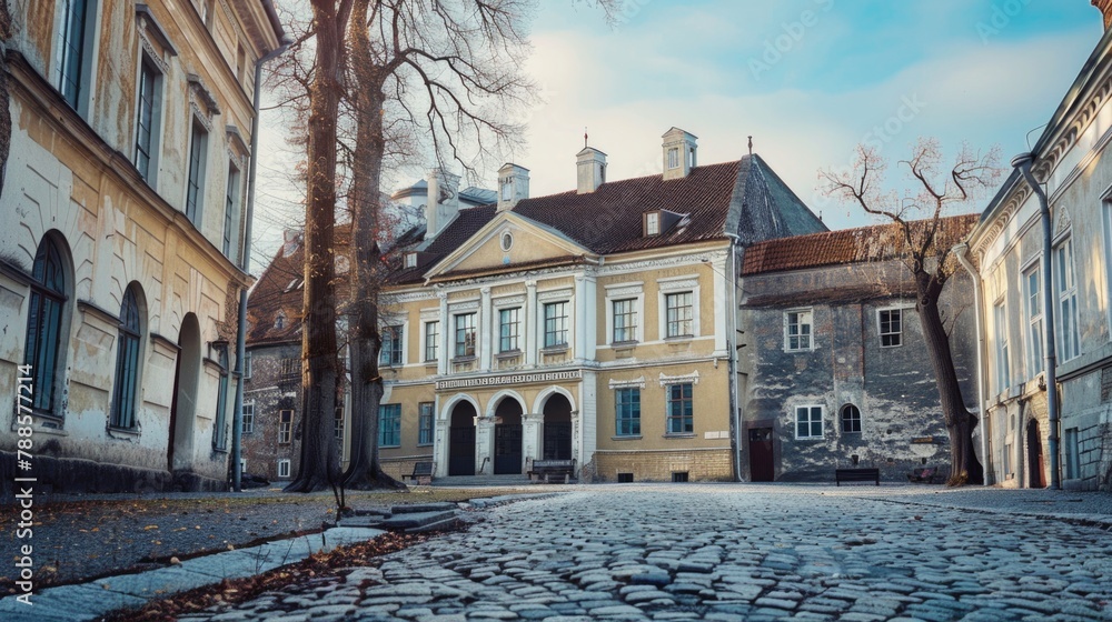 Poster a scenic view of a cobblestone street with a building in the background. perfect for urban and archi