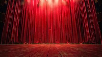 A stage with a red curtain and spotlights. Suitable for theater or performance concepts