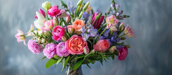 Lovely blooming spring flowers arranged in a vase.