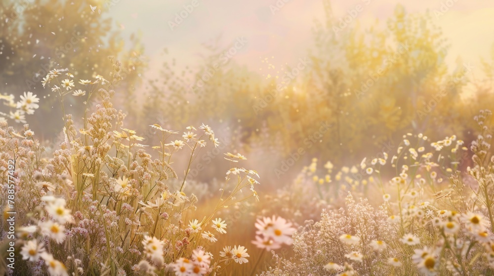 Poster A beautiful field of daisies and wildflowers in the sunlight. Suitable for nature backgrounds