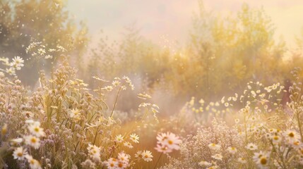 A beautiful field of daisies and wildflowers in the sunlight. Suitable for nature backgrounds