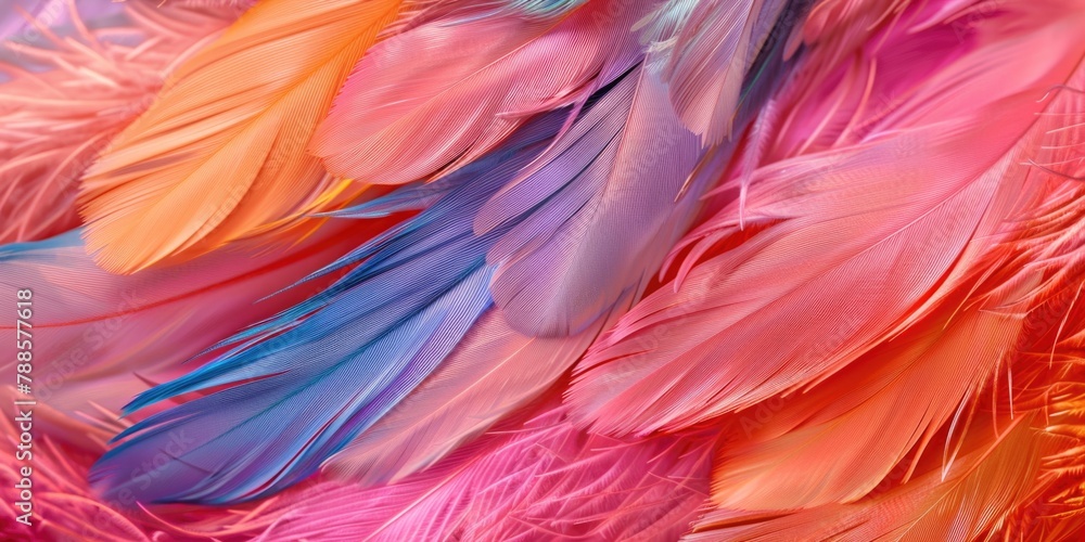 Poster vibrant close up shot of colorful feathers, perfect for design projects