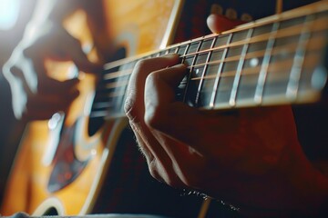 Close up of a person playing a guitar, suitable for music-related projects