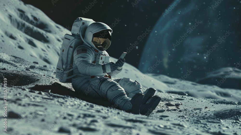 Poster an astronaut sitting on the moon, with a smoking cigarette. ideal for space exploration concepts