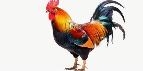 Fototapeta premium Vibrant rooster standing on a white background, perfect for farm or animal themed designs
