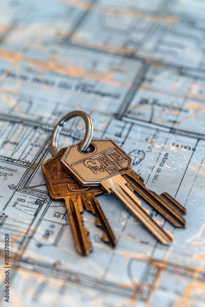 Poster Bunch of keys on top of a map, perfect for travel or navigation concepts