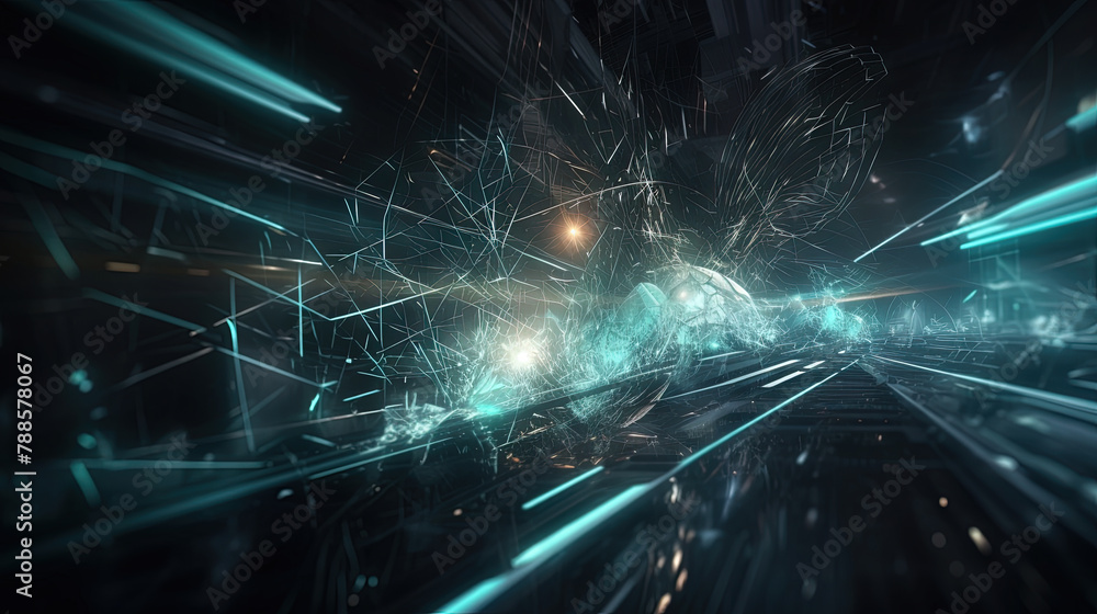 Poster Abstract technology burst with glowing wires and particles in motion. Technology and science dynamic background.