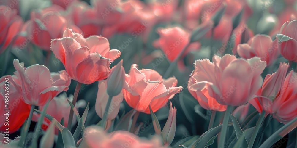 Poster a beautiful field of pink tulips basking in the sunlight. perfect for springtime concepts