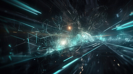 Abstract technology burst with glowing wires and particles in motion. Technology and science dynamic background.