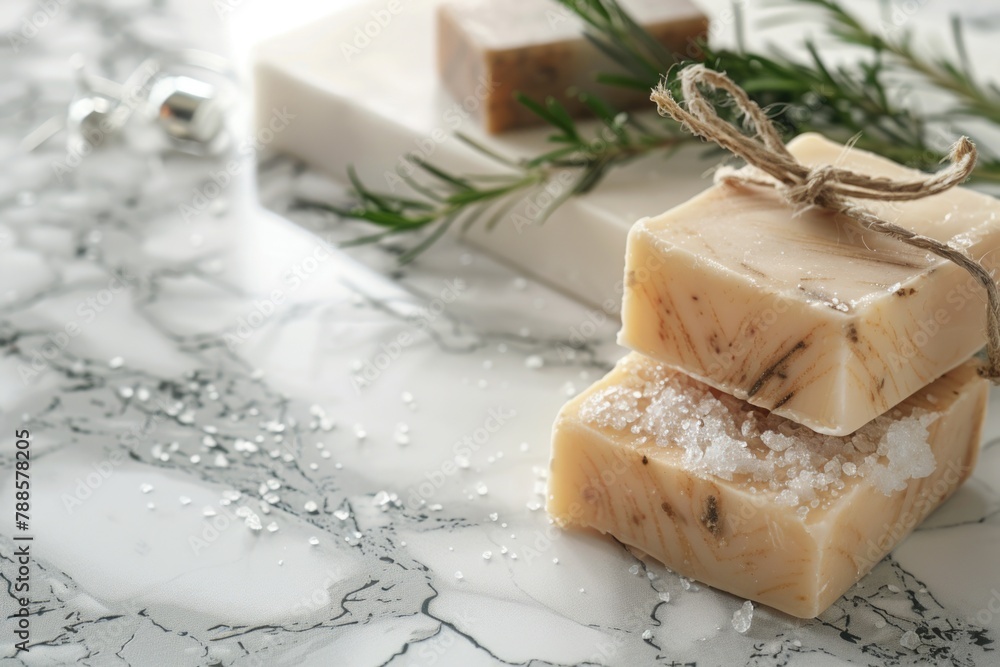 Poster two bars of soap on a counter, ideal for hygiene and cleanliness concepts