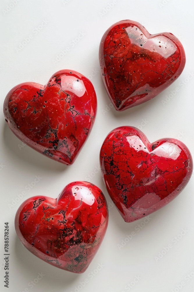 Poster three red heart shaped soaps on a white surface. ideal for spa and wellness concepts