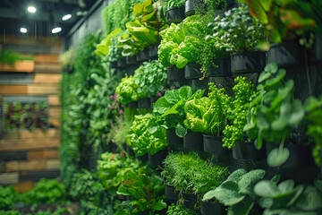 Vertical farming display with an array of vibrant green plants in a modern greenhouse
