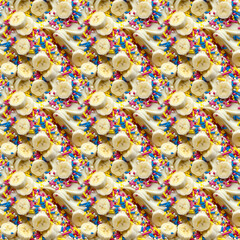 rainbow sprinkles and banana slices on white icing background, repeatable seamless background tile
