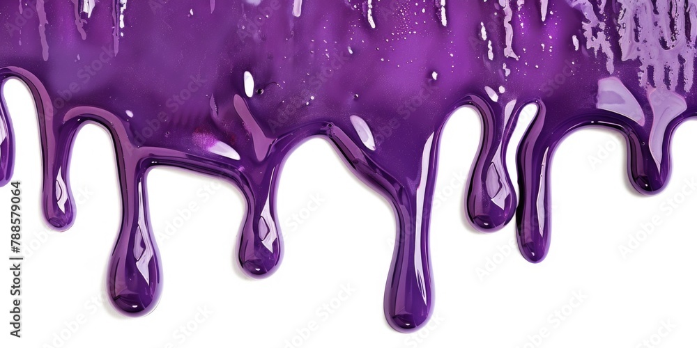 Poster purple liquid flowing down a white wall, suitable for science or abstract concepts
