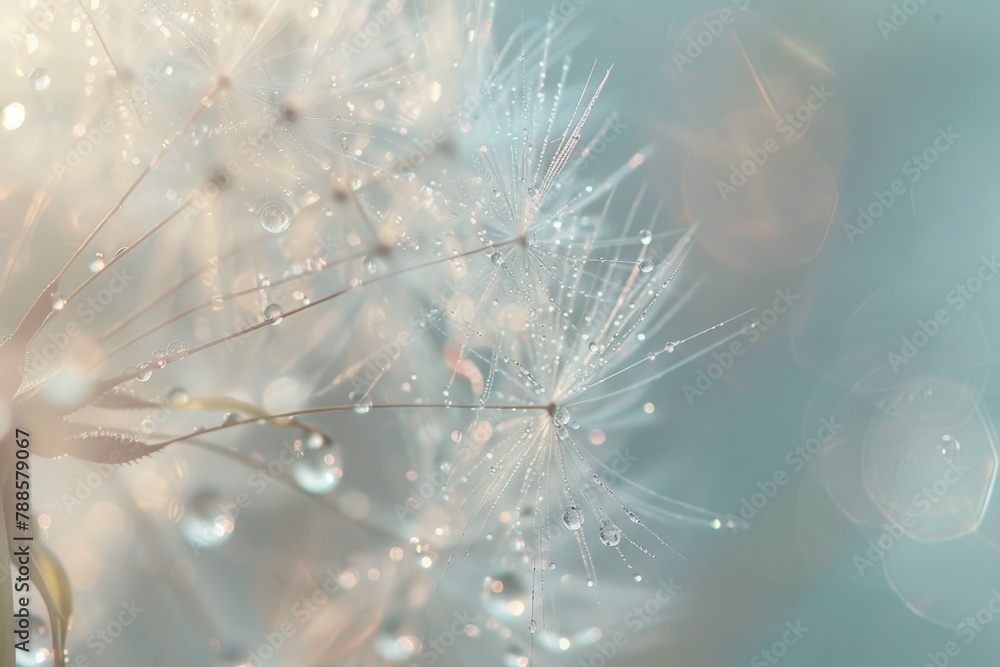 Poster close up of water droplets on a dandelion, suitable for nature concepts