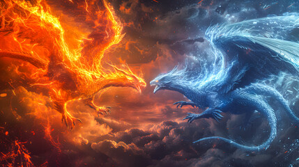 Fototapeta premium 3d illustration Dragon War, epic battle between fire dragon and lightning dragon. concept art, 3D rendering 