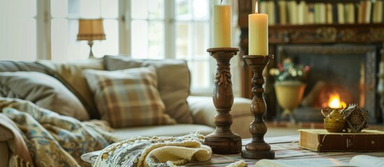 Elements of living room decor include a candlestick, fireplace, and books.