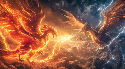 3d illustration Dragon War, epic battle between fire dragon and lightning dragon. concept art, 3D rendering	